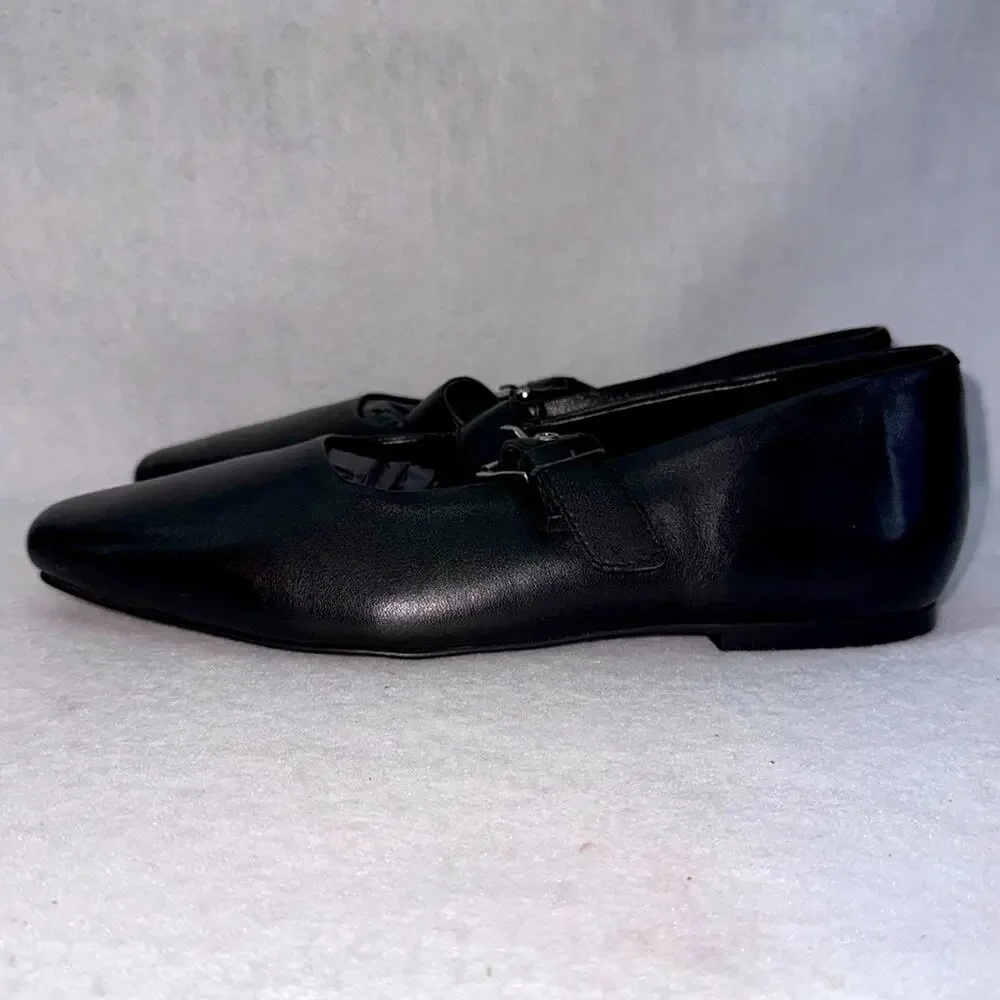 Topshop Cyndi Leather Square Toe Ballet Flats Shoes with Buckle Black size 8.5